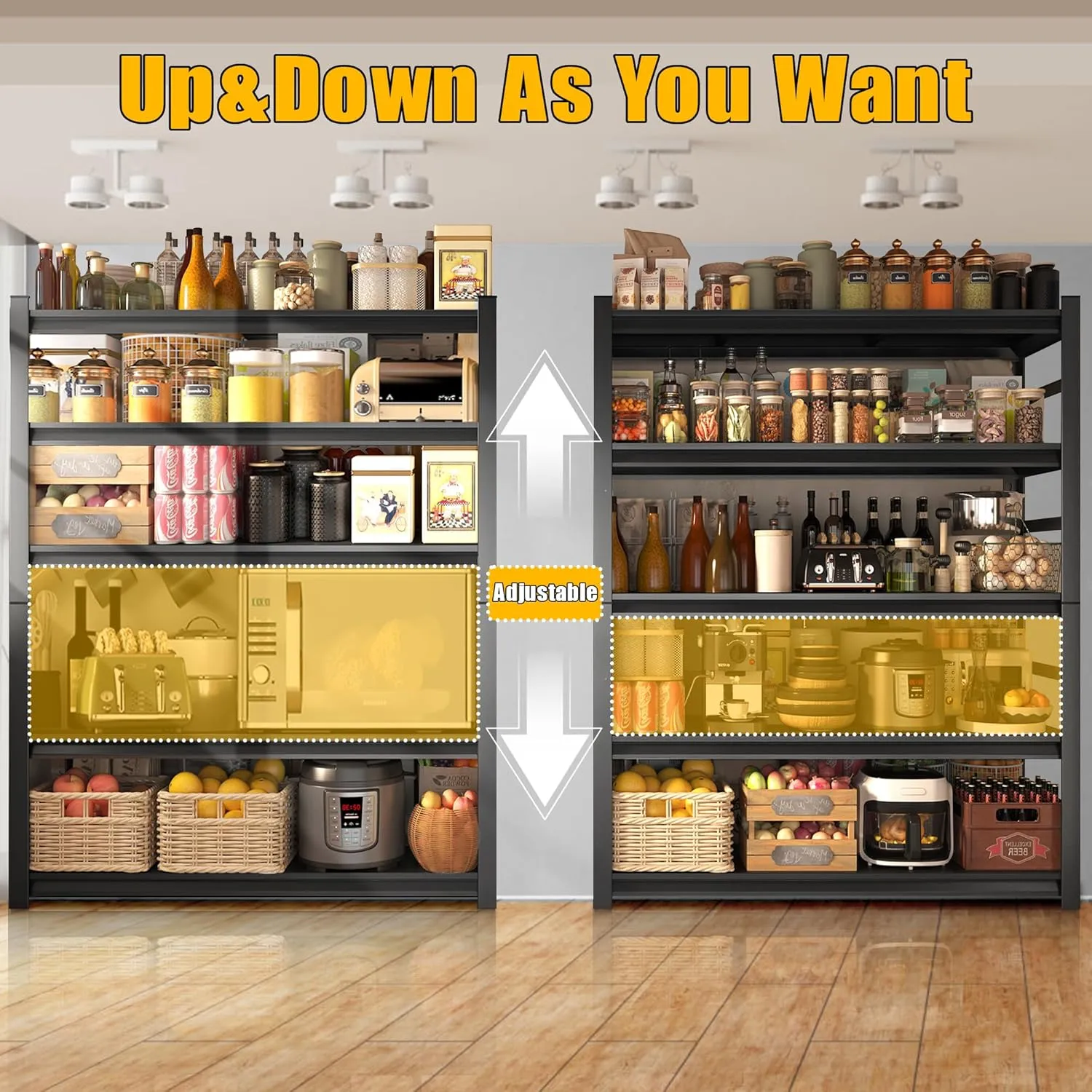 48''W Multi-Functional Adjustable Shelves with Large Storage Capacity, Waterproof and Rust-Resistant, Suitable for Kitchens and Storage Rooms, Black