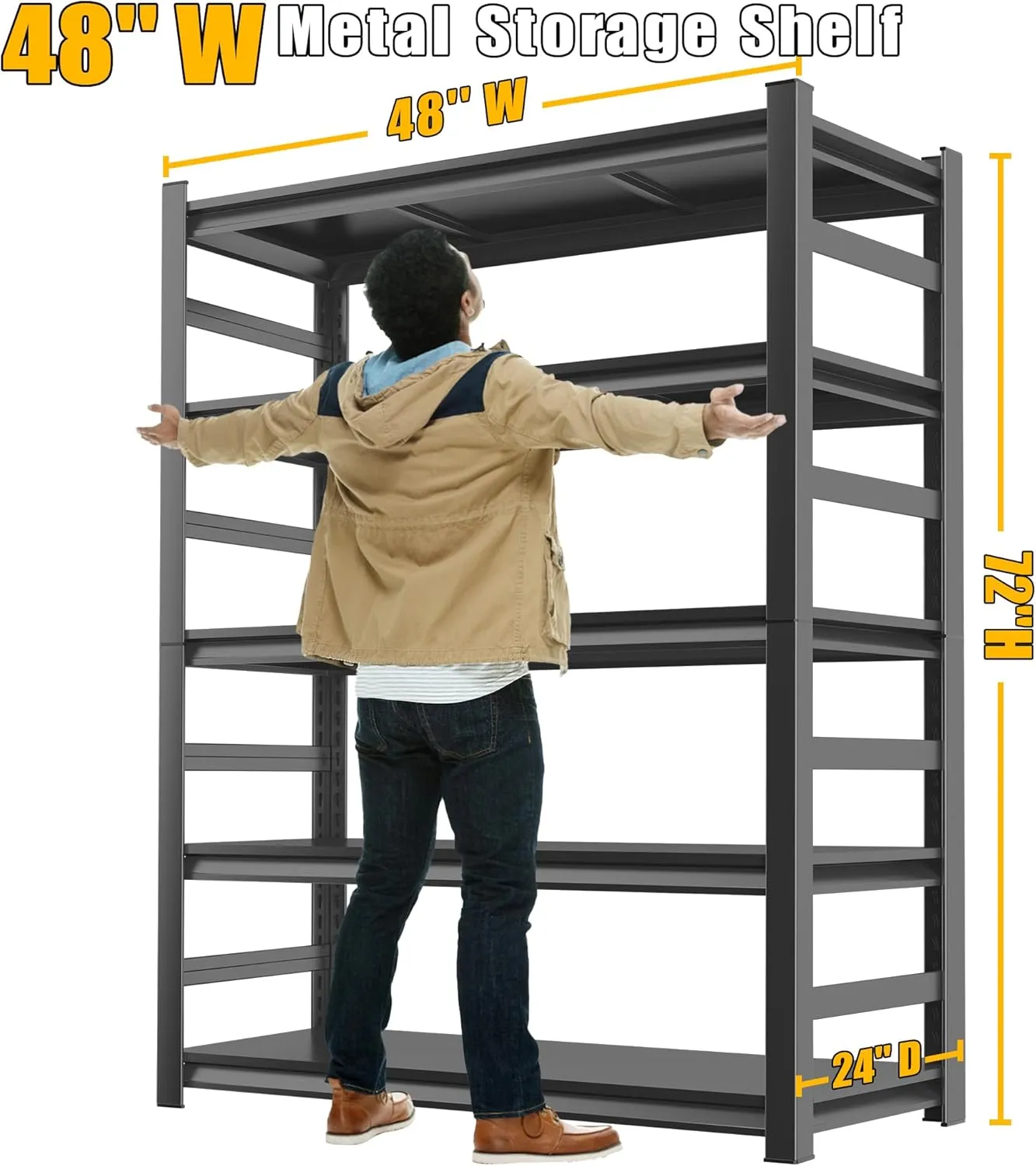 48''W Multi-Functional Adjustable Shelves with Large Storage Capacity, Waterproof and Rust-Resistant, Suitable for Kitchens and Storage Rooms, Black