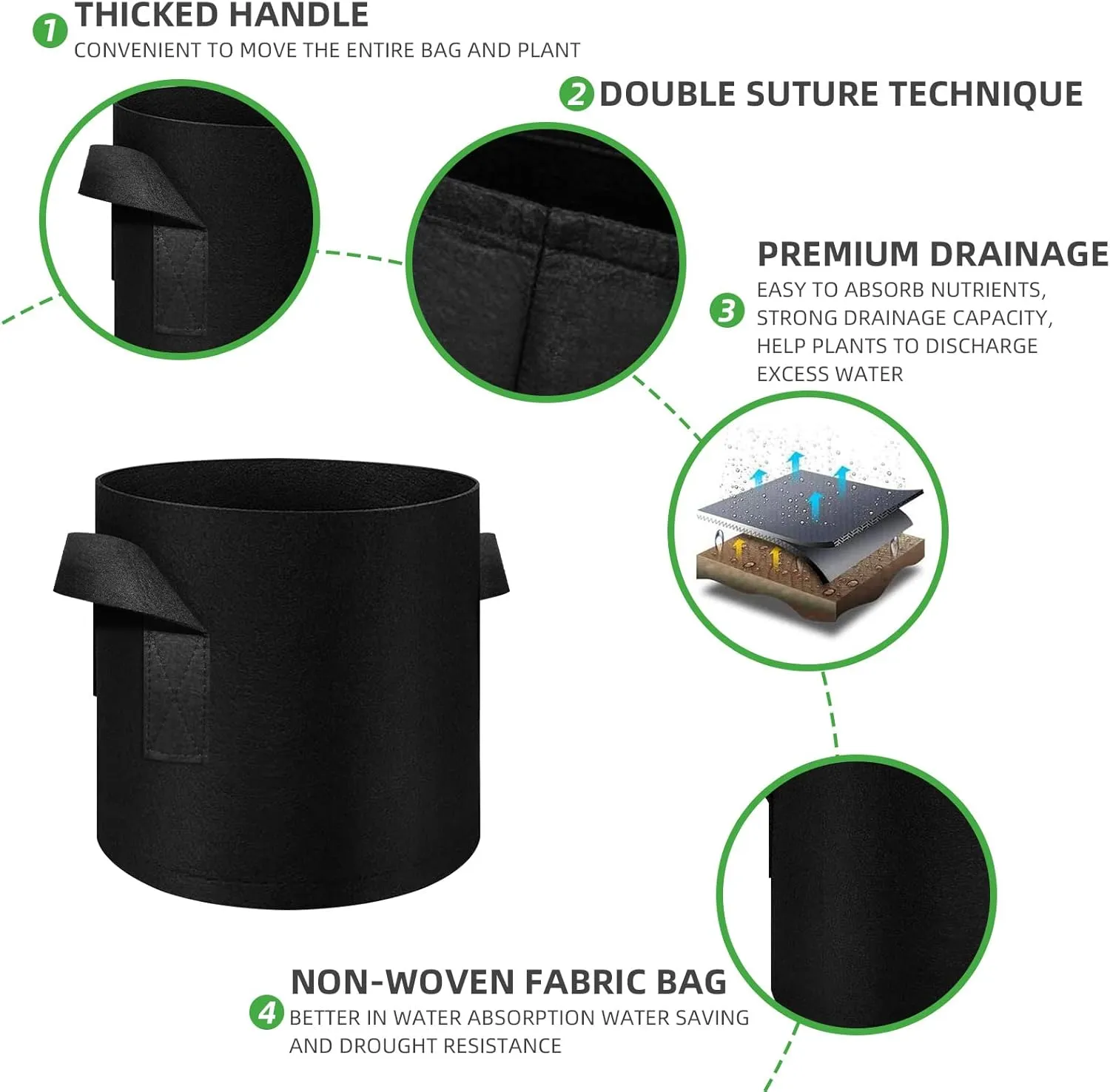 5 Pack 10 Gallon Grow Bags, Heavy Duty Thickened Nonwoven Fabric Pots with Handles, Planter Grow Bags for Vegetables/Flower/Plant/Fruits, Black