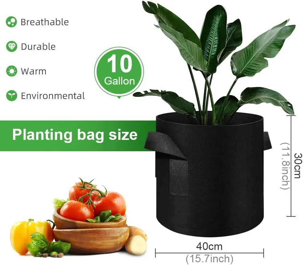 5 Pack 10 Gallon Grow Bags, Heavy Duty Thickened Nonwoven Fabric Pots with Handles, Planter Grow Bags for Vegetables/Flower/Plant/Fruits, Black