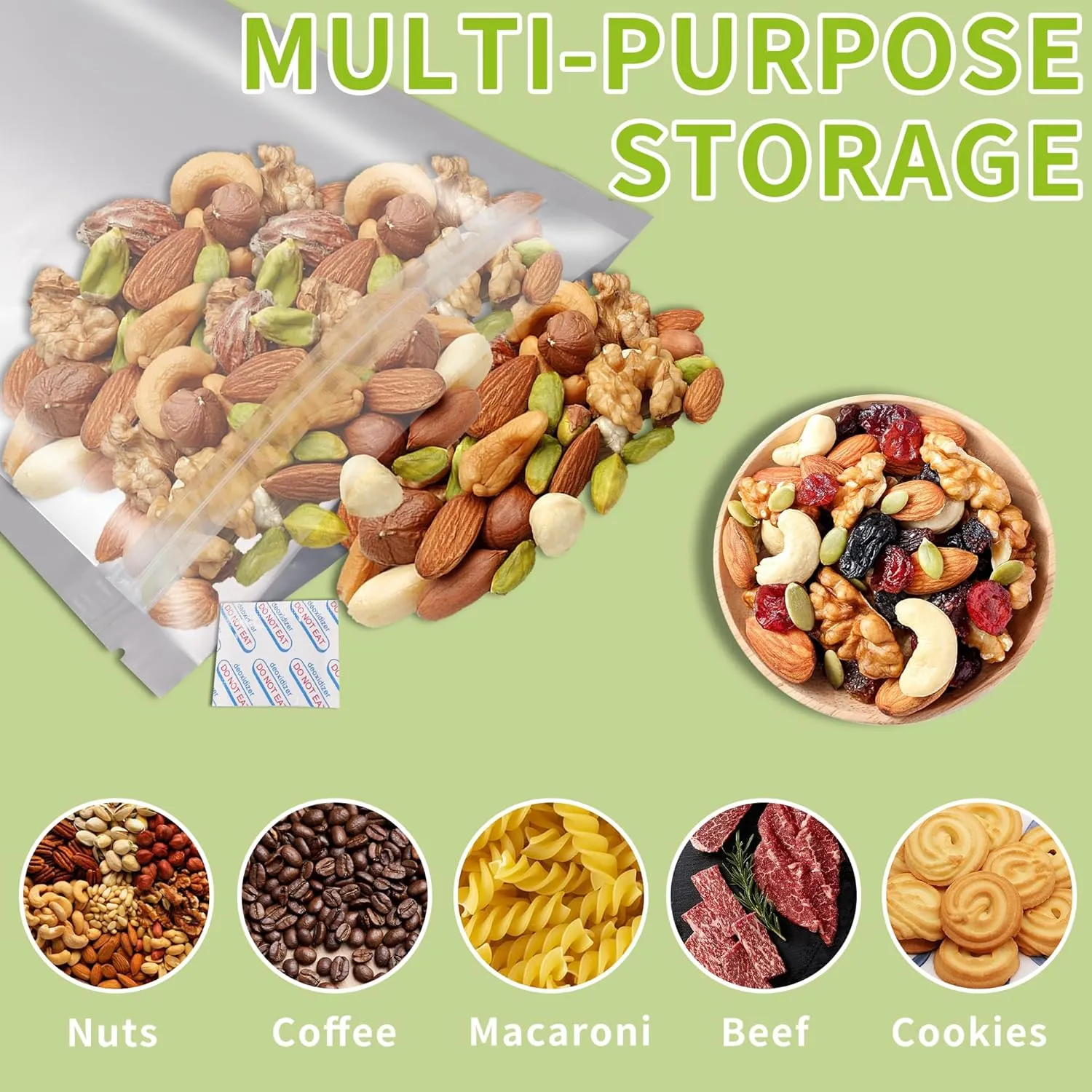 50 pcs Mylar Bags for Food Storage Reusable Mylar Bags with Oxygen Absorbers 400cc Thick 9.44 mil,Heat Sealable Mylar Bags for Food Storage Zipper Pouches (1 Quart with Clear Window, 10"x7")