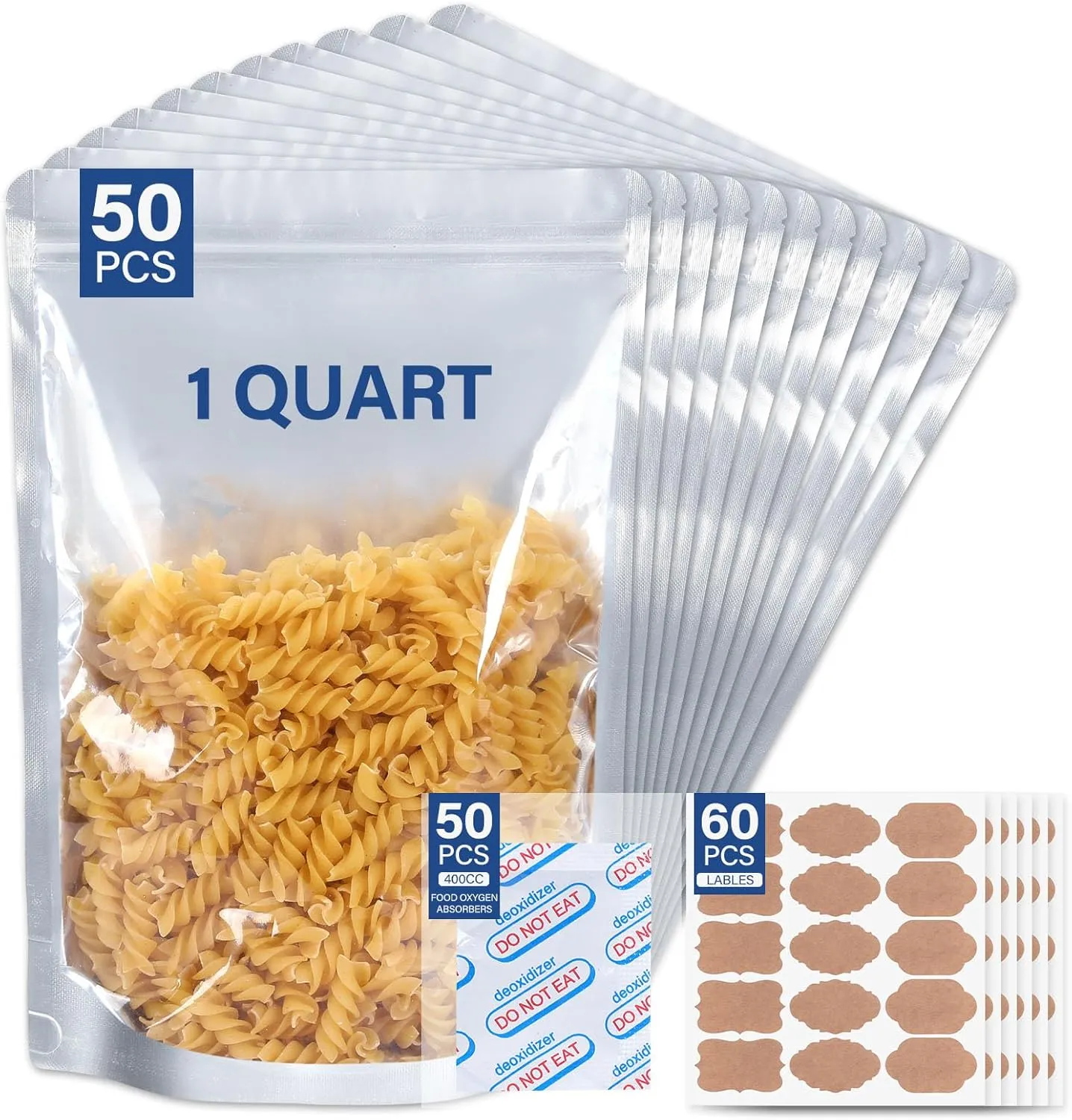 50 pcs Mylar Bags for Food Storage Reusable Mylar Bags with Oxygen Absorbers 400cc Thick 9.44 mil,Heat Sealable Mylar Bags for Food Storage Zipper Pouches (1 Quart with Clear Window, 10"x7")