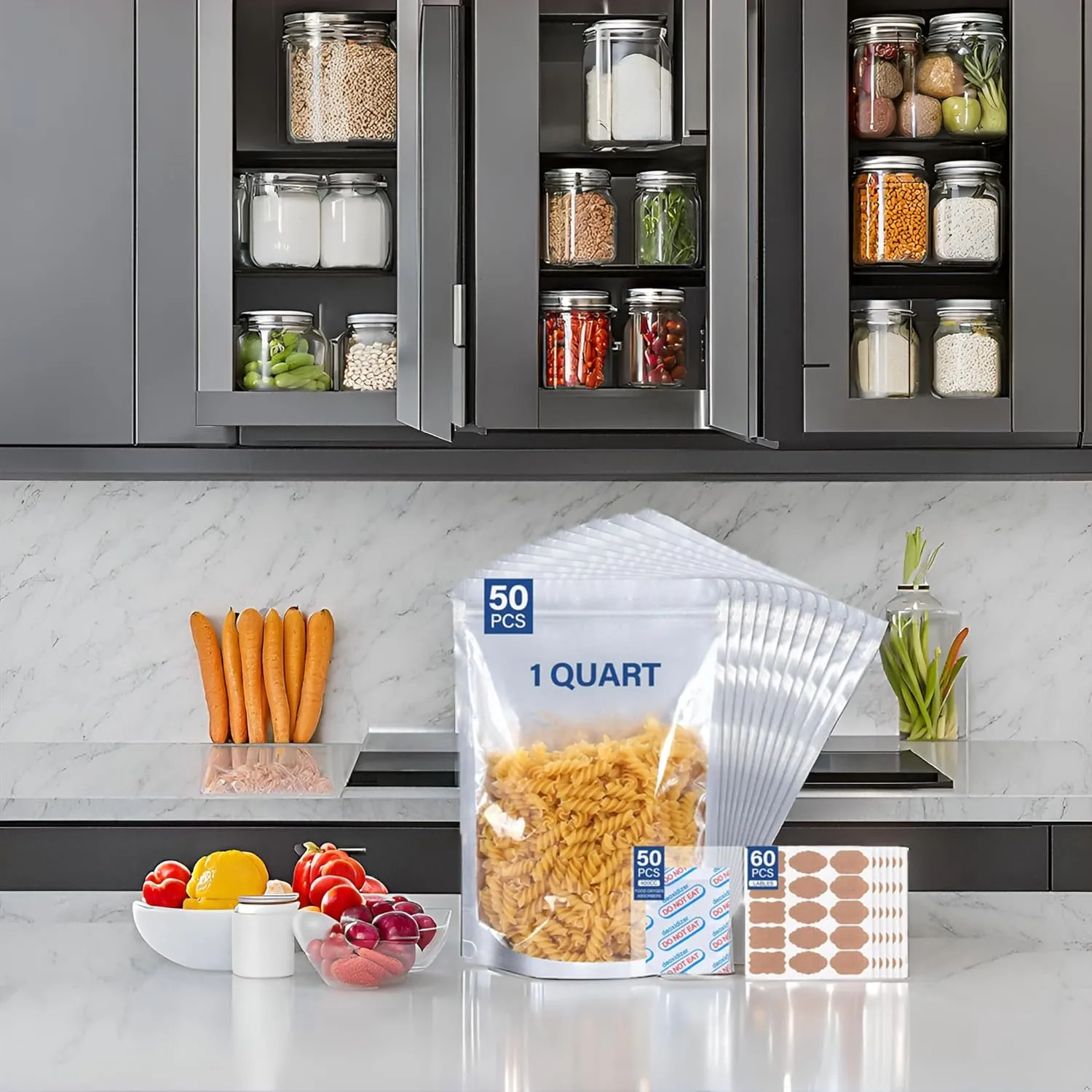 50 pcs Mylar Bags for Food Storage Reusable Mylar Bags with Oxygen Absorbers 400cc Thick 9.44 mil,Heat Sealable Mylar Bags for Food Storage Zipper Pouches (1 Quart with Clear Window, 10"x7")