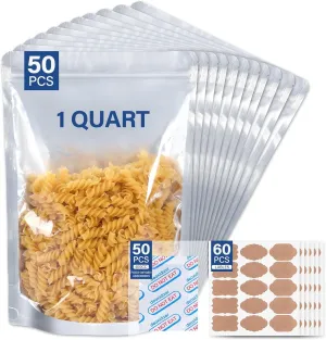 50 pcs Mylar Bags for Food Storage Reusable Mylar Bags with Oxygen Absorbers 400cc Thick 9.44 mil,Heat Sealable Mylar Bags for Food Storage Zipper Pouches (1 Quart with Clear Window, 10"x7")
