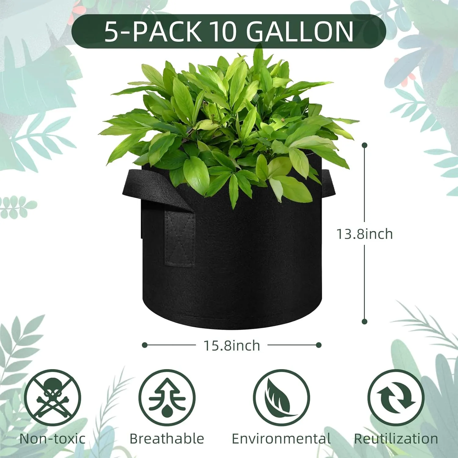 5/10/12/20/30 Pack 10 Gallon Grow Bags, Heavy Duty Thickened Nonwoven Fabric Pots with Handles, Plant Grow Bags for Vegetable/Flower/Plant/Fruits, Black