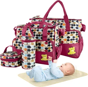 5PCS Baby Diaper Bag Set – Large Capacity Diaper Tote Bags for Mom & Dad with Bottle Holder, Food Bag & Changing Pad – Waterproof Maternity Travel Bags for Baby Boy & Girl (Red)