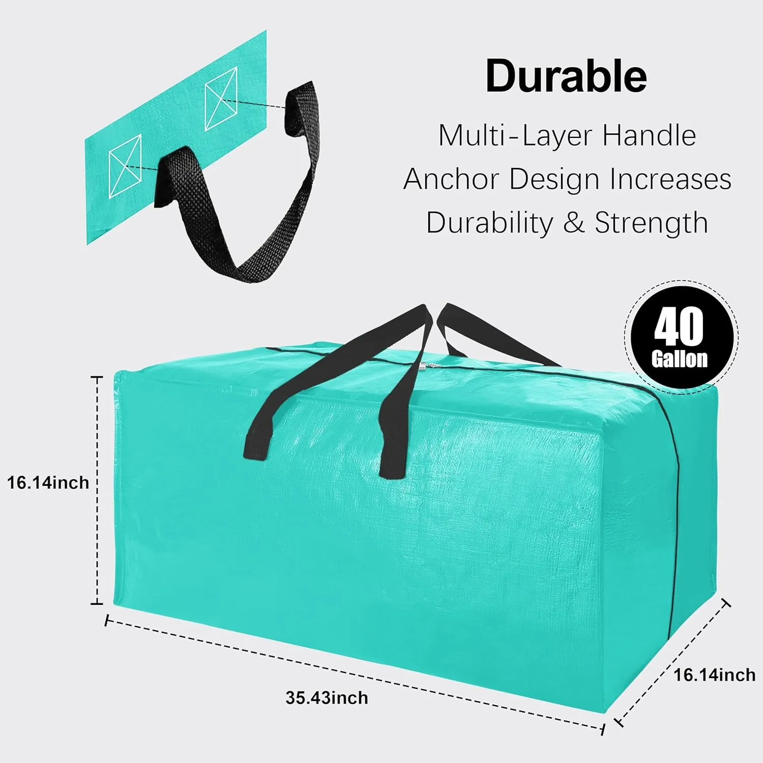 6 Pack Heavy Duty Extra Large Moving Bags W/Backpack Straps - Strong Handles & Zippers, Storage Totes For Space Saving, Fold Flat, Alternative to Box and Bin (40 gal, Aquamarine)
