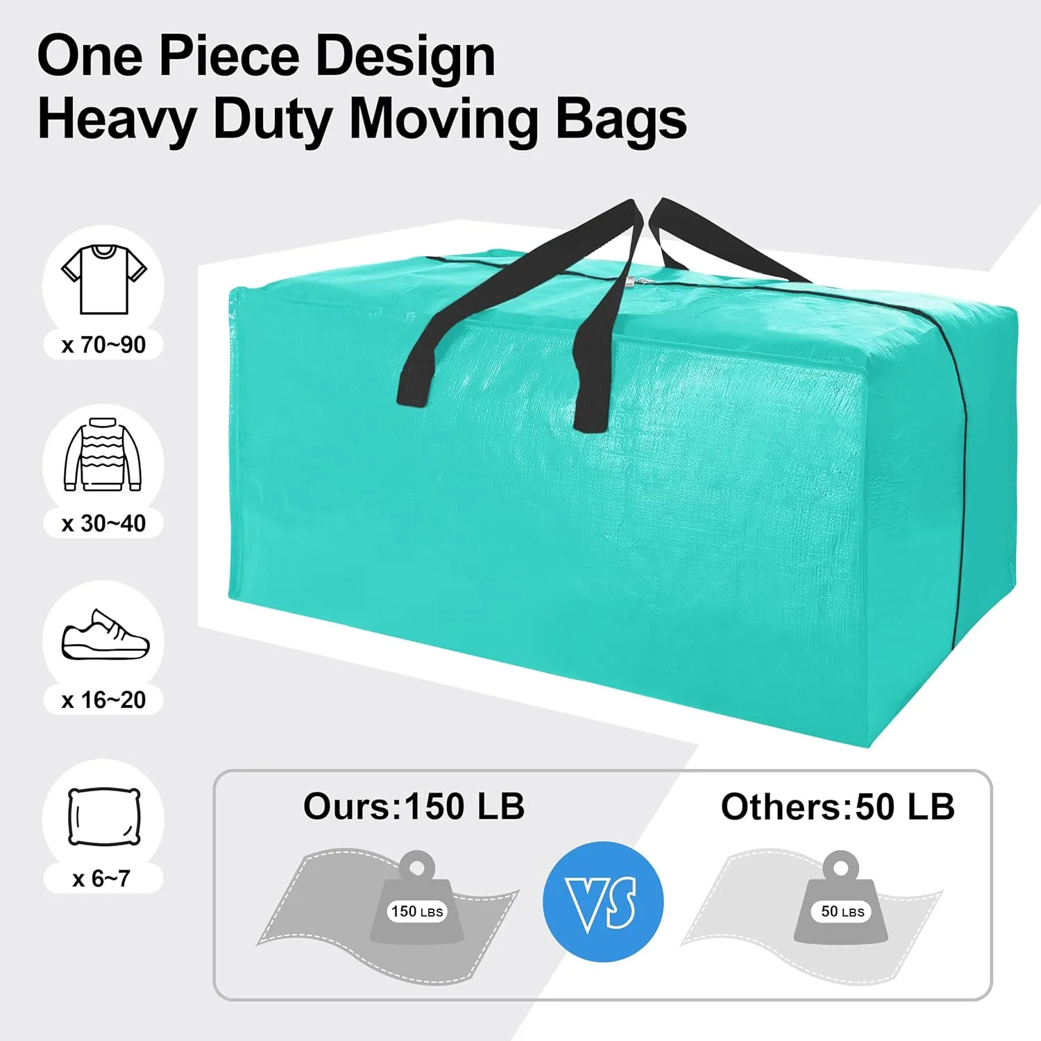 6 Pack Heavy Duty Extra Large Moving Bags W/Backpack Straps - Strong Handles & Zippers, Storage Totes For Space Saving, Fold Flat, Alternative to Box and Bin (40 gal, Aquamarine)
