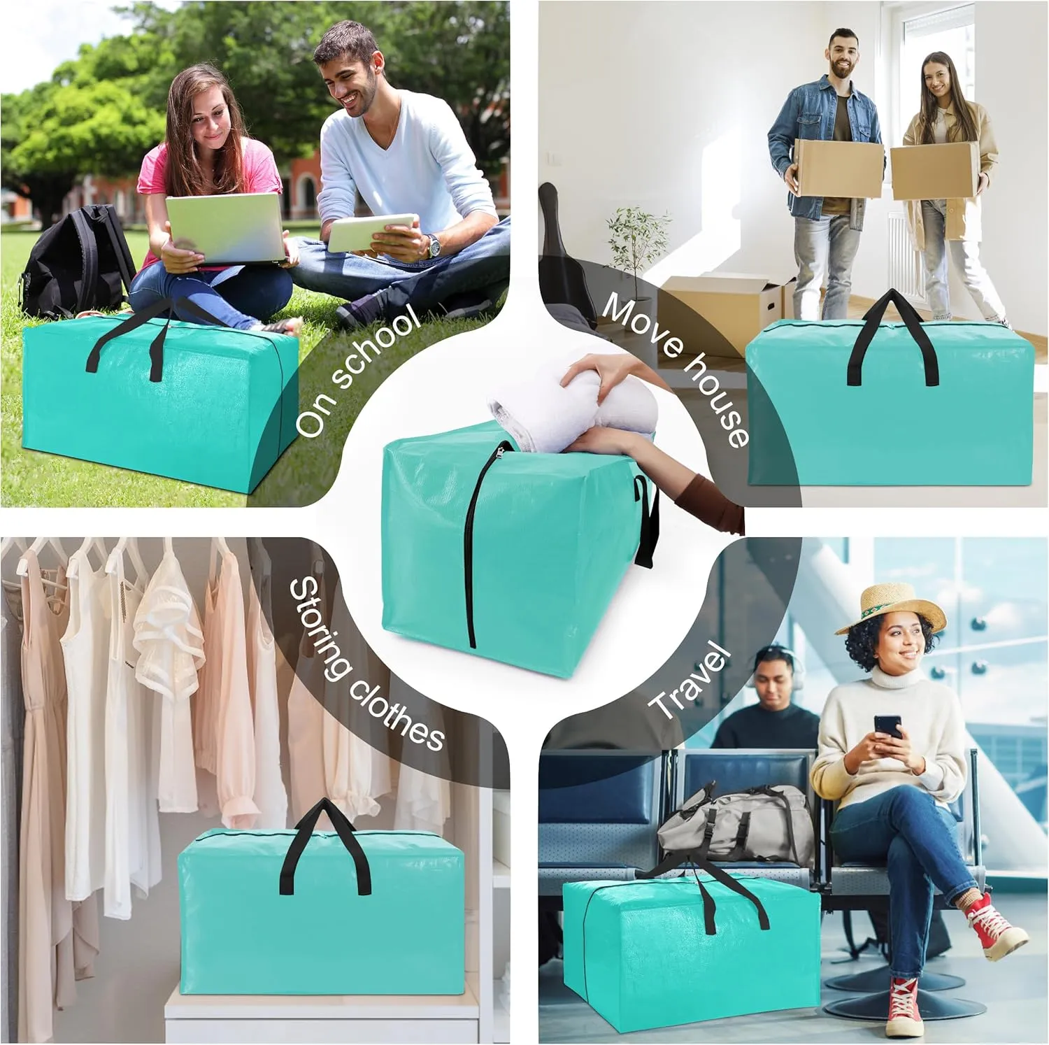 6 Pack Heavy Duty Extra Large Moving Bags W/Backpack Straps - Strong Handles & Zippers, Storage Totes For Space Saving, Fold Flat, Alternative to Box and Bin (40 gal, Aquamarine)