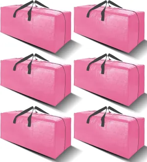 6 Pack Heavy Duty Extra Large Moving Bags W/Backpack Straps - Strong Handles & Zippers, Storage Totes For Space Saving, Fold Flat, Alternative to Box and Bin (40 gal, Pink)