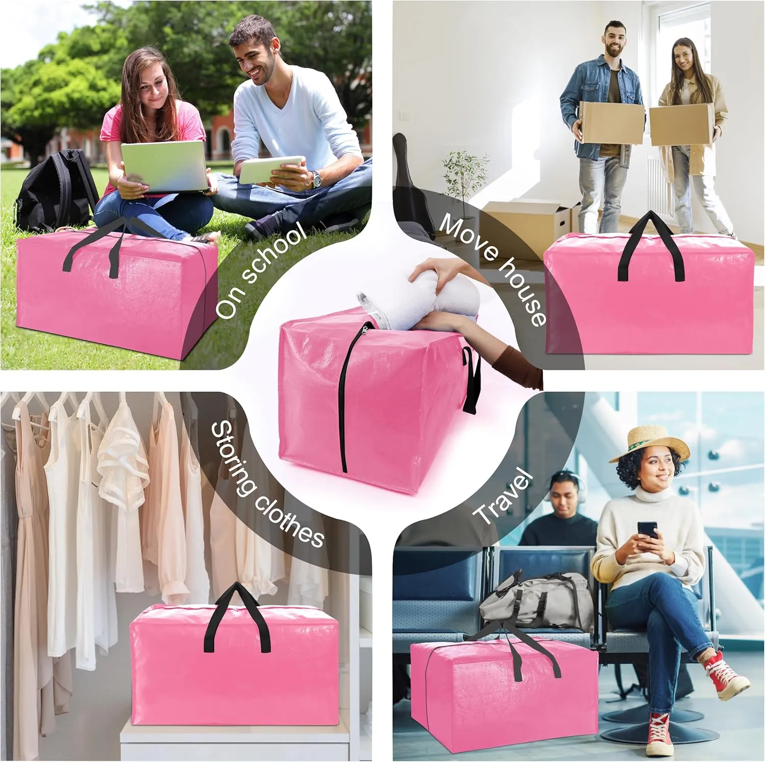 6 Pack Heavy Duty Extra Large Moving Bags W/Backpack Straps - Strong Handles & Zippers, Storage Totes For Space Saving, Fold Flat, Alternative to Box and Bin (40 gal, Pink)