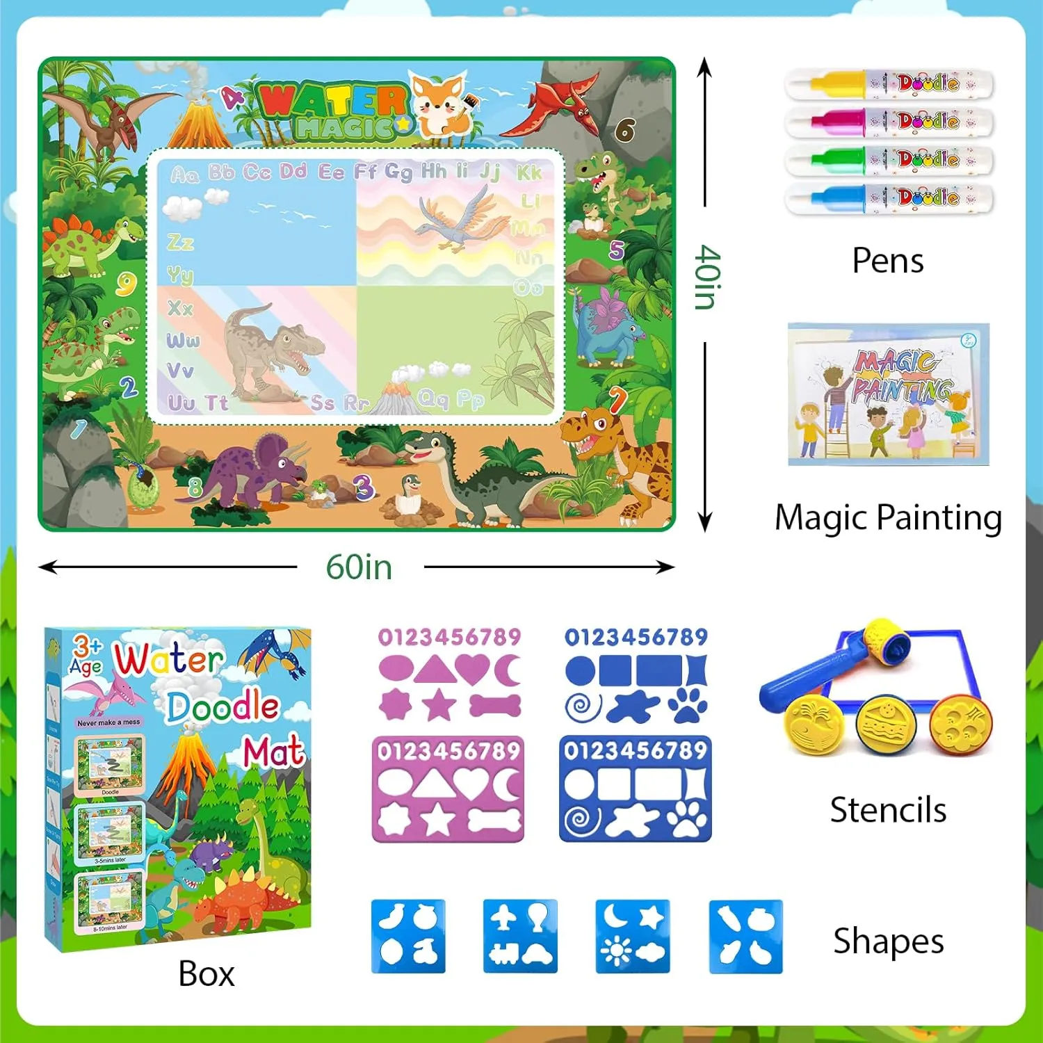 60×40 Inches Water Doodle Mat Kids Mess Free Coloring Doodle Mat Magical Water Color Canvas Toddlers Educational Toys for 3 4 5 6 7 8 9 Years with Magic Pens 2025 Educational Toys