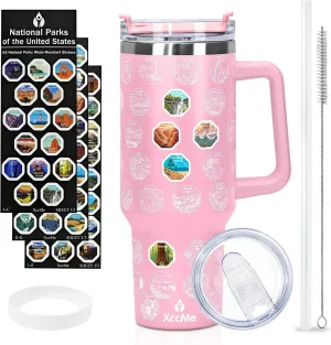 63 National Parks Water Bottle with Stickers,40 oz Tumbler with Handle and Straw,2 Lids,40 oz Double Wall Insulated Tumbler,Stainless Steel Leak Proof Tumbler,Travel Coffee Mug (Pink)
