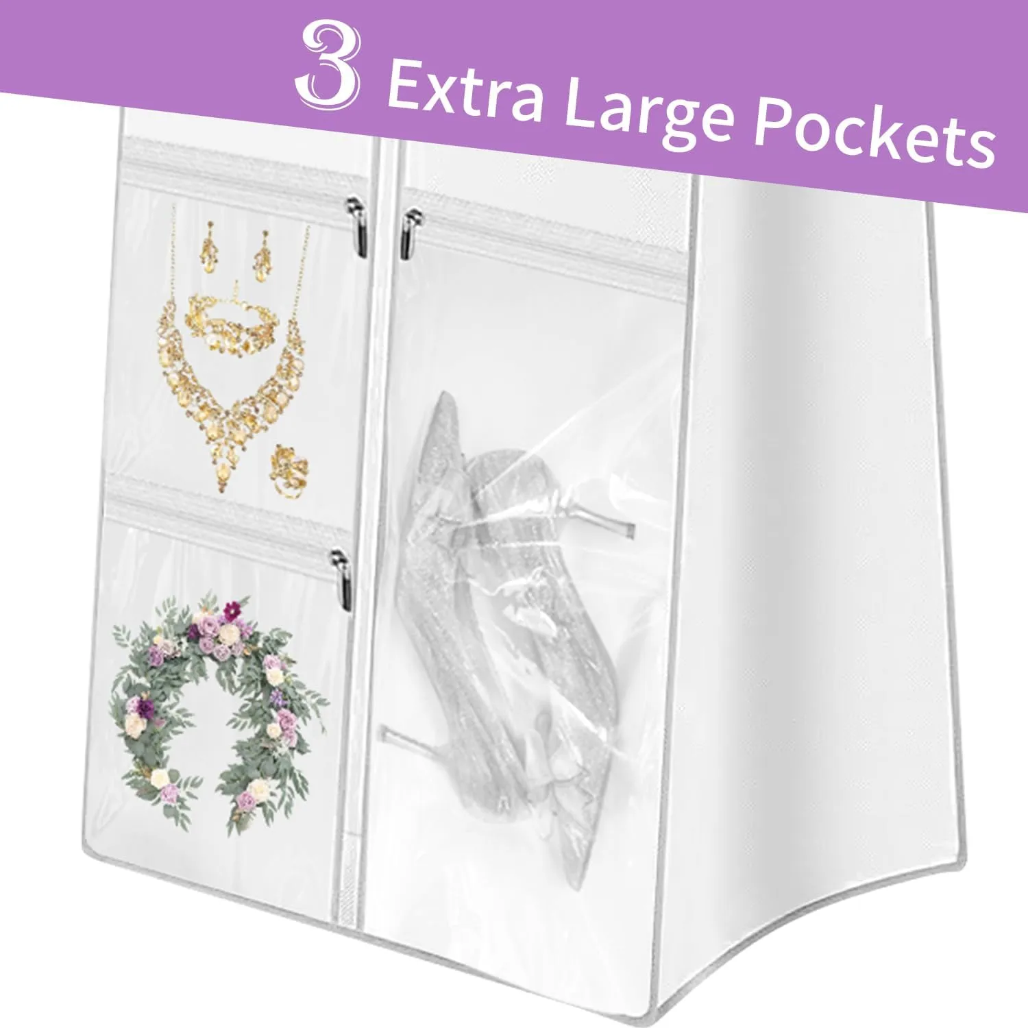 72" Wedding Dress Garment Bag Dress Bags for Gowns Bridal Dress with 10" Gusseted and Accessory Pockets for Travel Hanging Clothes or Storage Preservation