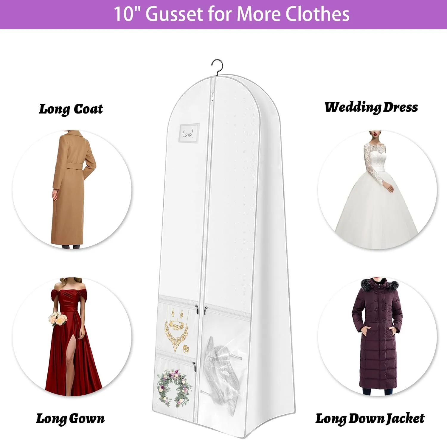 72" Wedding Dress Garment Bag Dress Bags for Gowns Bridal Dress with 10" Gusseted and Accessory Pockets for Travel Hanging Clothes or Storage Preservation
