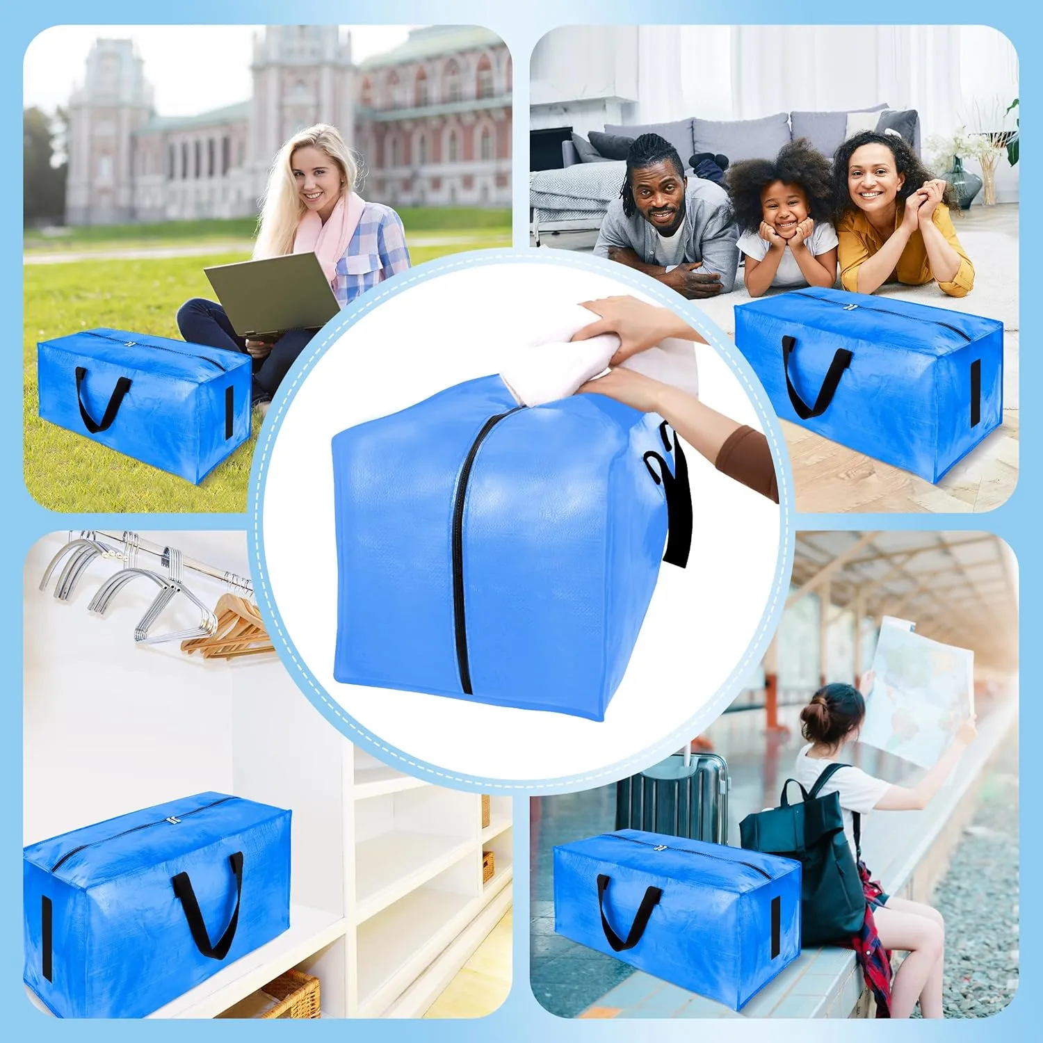 8 Pack Large Strong Moving Bags with Zippers & Carrying Handles - Water-Resistant - Heavy Duty Storage Tote for Space Saving, Fold Flat, Alternative to Moving Box (Sky Blue)
