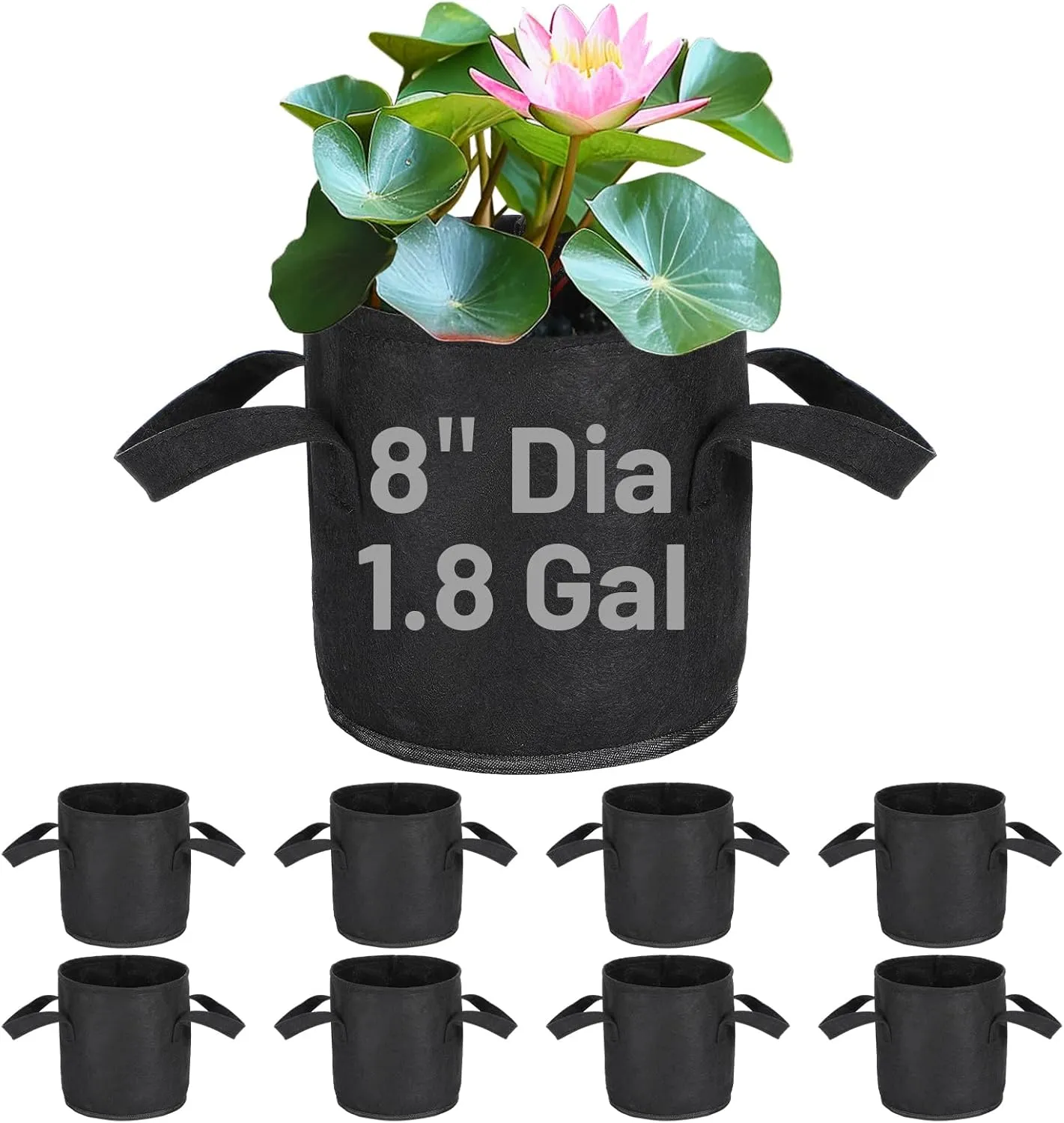 8-Pack Lily Plant Pots for Pond - Durable Nonwoven Fabric Pond Planter with Handles for Aquatic Plants Terrestrial Vegetables, Black, (8''x 8''- 1.8 Gallons)