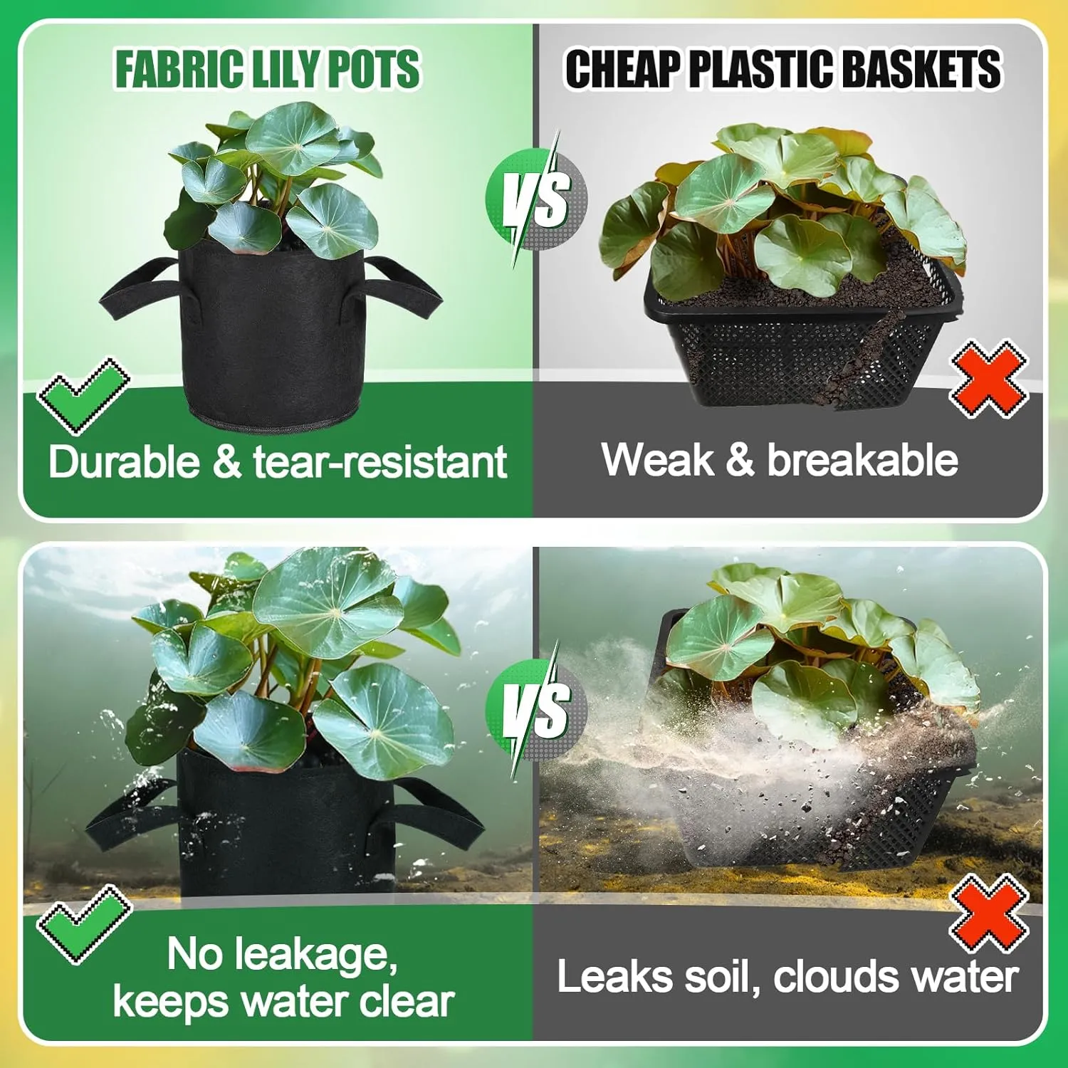8-Pack Lily Plant Pots for Pond - Durable Nonwoven Fabric Pond Planter with Handles for Aquatic Plants Terrestrial Vegetables, Black, (8''x 8''- 1.8 Gallons)