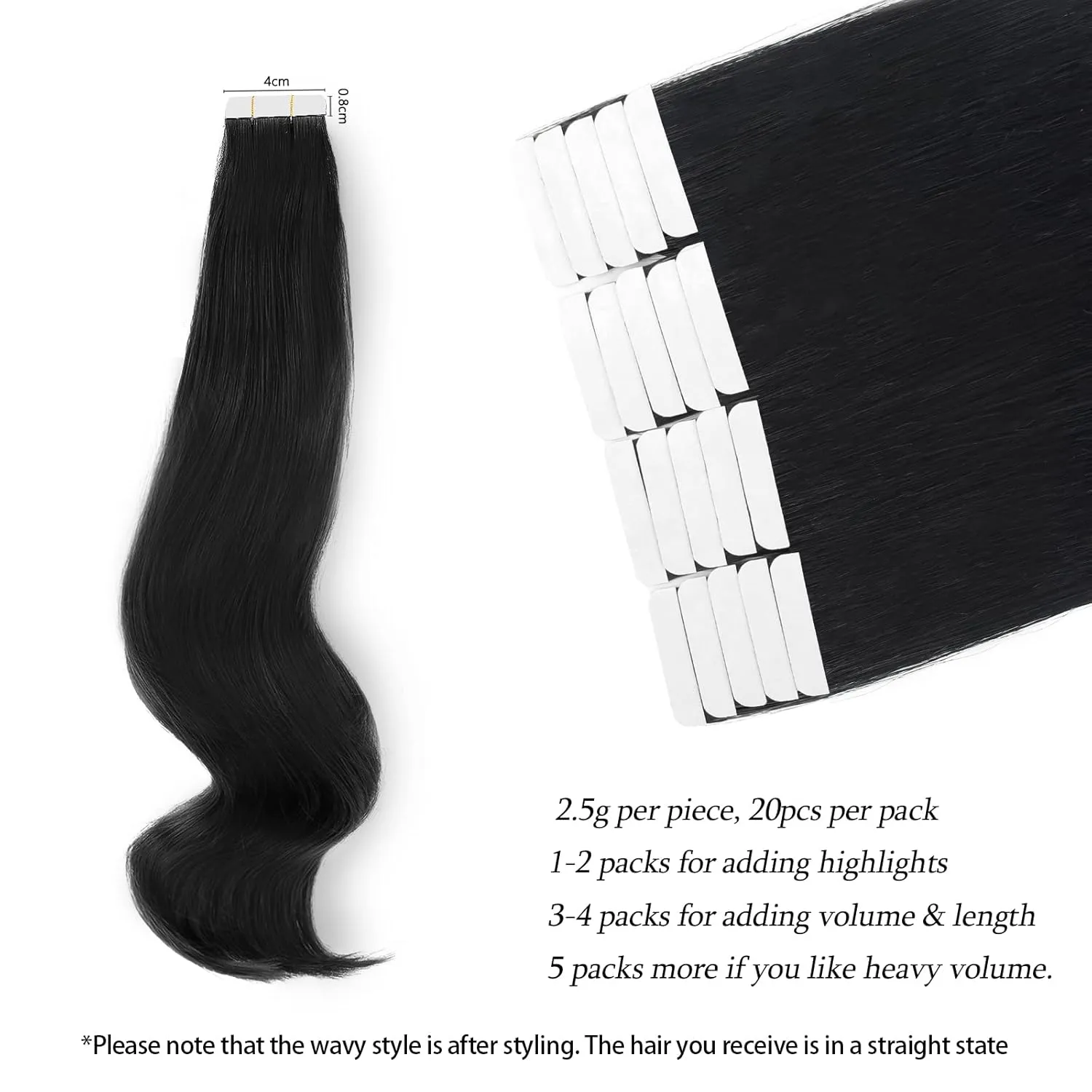 ABH AmazingBeauty Tape in Hair Extensions Human Hair Real Remy Skin Weft, Invisible, Seamless and Reusable Tape Hair Extensions, 50g 20pcs, Jet Black Color 1, 20 Inch