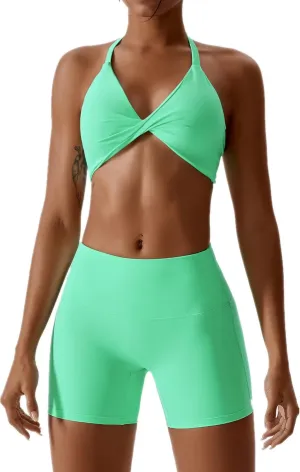 ABOCIW Workout Sets for Women 2 Piece Twist Front Halter Sports Bras High Waist Biker Shorts Exercise Gym Yoga Outfit