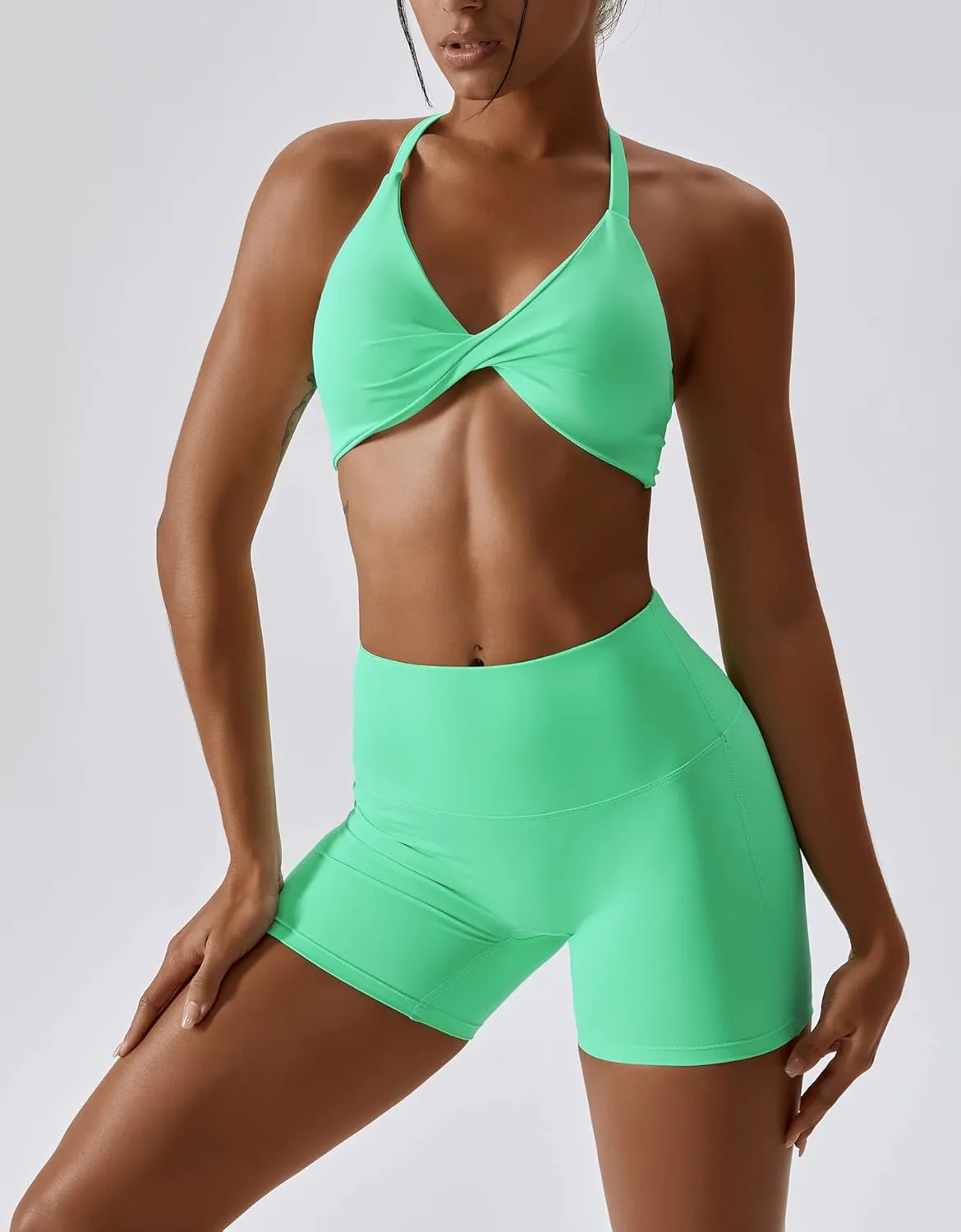 ABOCIW Workout Sets for Women 2 Piece Twist Front Halter Sports Bras High Waist Biker Shorts Exercise Gym Yoga Outfit