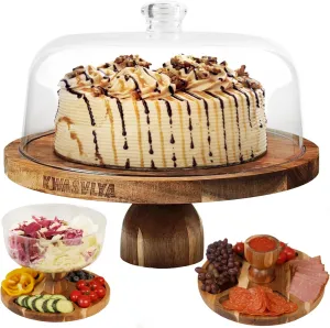 Acacia Wood Cake Stand with Lid, Cake Plate,Multi-Functional Serving Platter, Large Cake Stand with Dome, Cake display stand with lid,Cake Dome - Use as Cake Holder, Cake Cover