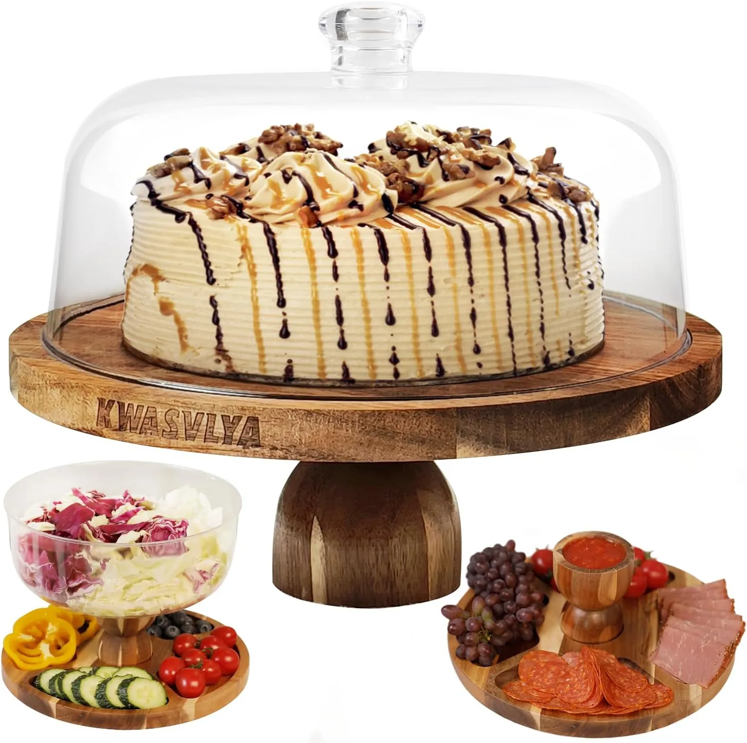 Acacia Wood Cake Stand with Lid, Cake Plate,Multi-Functional Serving Platter, Large Cake Stand with Dome, Cake display stand with lid,Cake Dome - Use as Cake Holder, Cake Cover