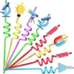 AFZMON 24 PCS Science Drinking Straws Reusable Plastic Beverages Cocktail Straw with Cartoon Decoration for Kids Mad Scientist Party Supplies for Birthday Party Favors