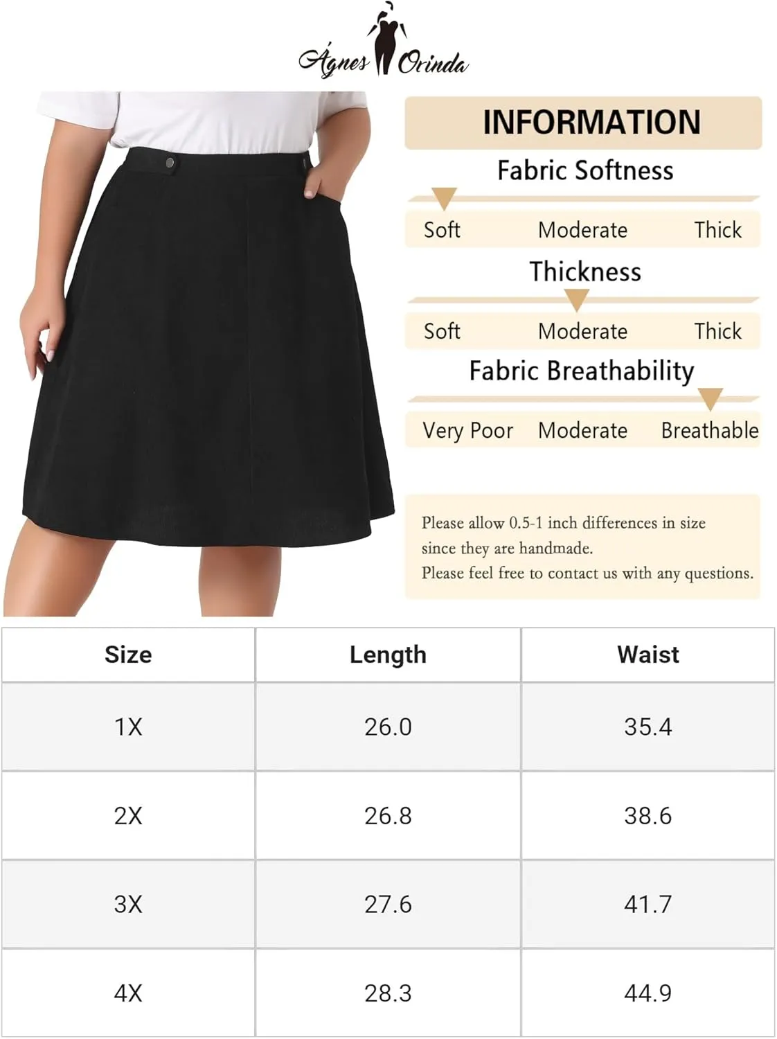 Agnes Orinda Plus Size Corduroy Skirt for Women Elastic High A Line with Pockets Midi Skirts