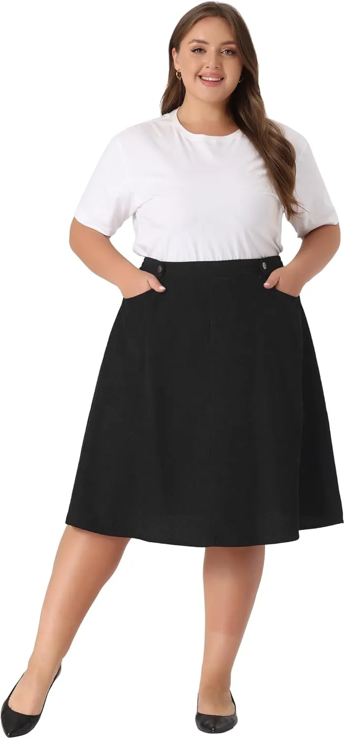 Agnes Orinda Plus Size Corduroy Skirt for Women Elastic High A Line with Pockets Midi Skirts