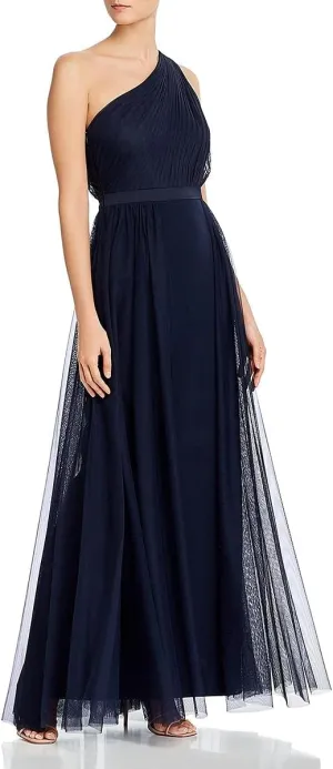 Aidan Mattox Womens Zippered Pleated Banded Waist Sleeveless Asymmetrical Neckline Full-Length Formal Gown Dress