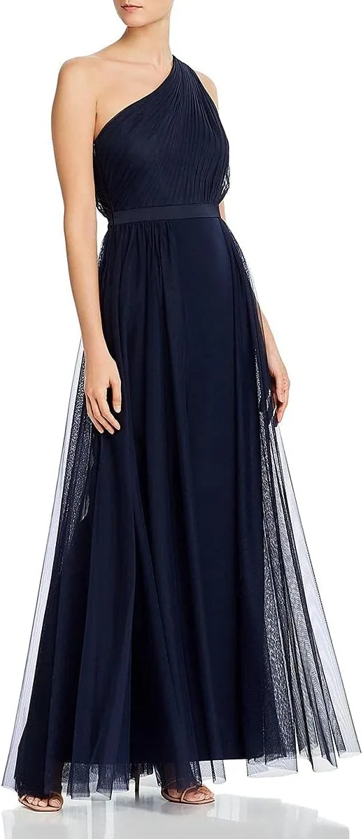 Aidan Mattox Womens Zippered Pleated Banded Waist Sleeveless Asymmetrical Neckline Full-Length Formal Gown Dress