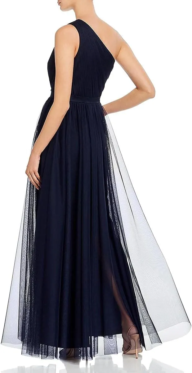 Aidan Mattox Womens Zippered Pleated Banded Waist Sleeveless Asymmetrical Neckline Full-Length Formal Gown Dress