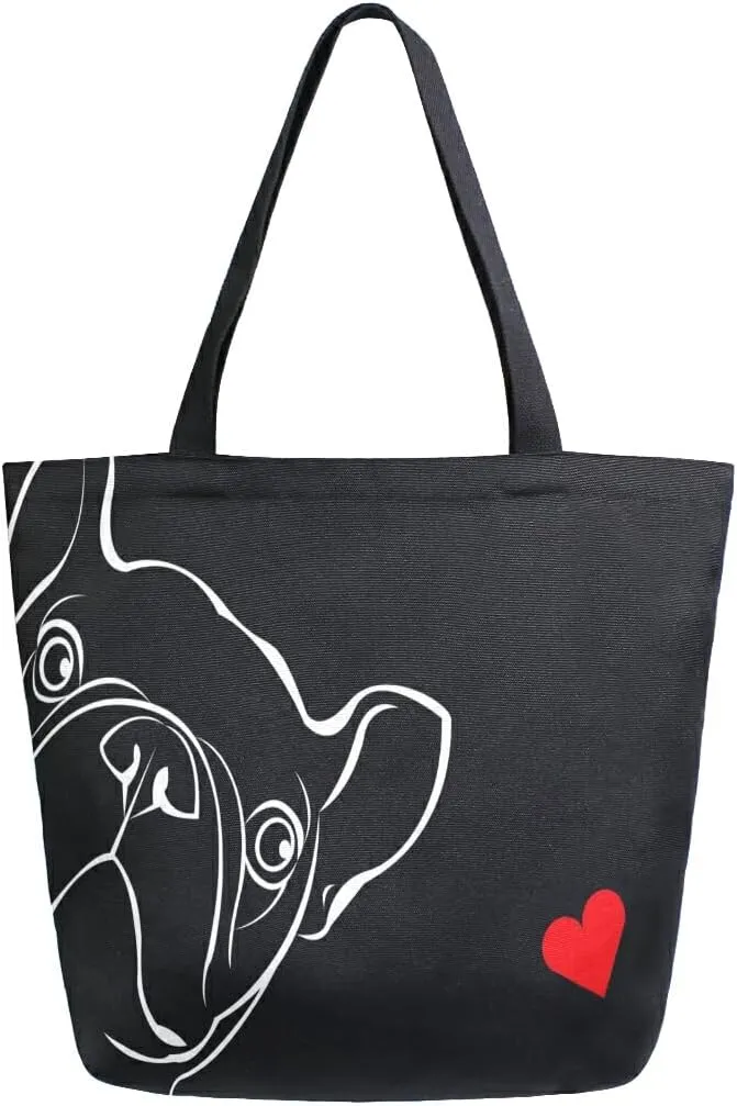 ALAZA Dog Animal Bulldog Heart Grocery Reusable Tote Bag Women Large Casual Handbag Shoulder Bags for Shopping Groceries Travel