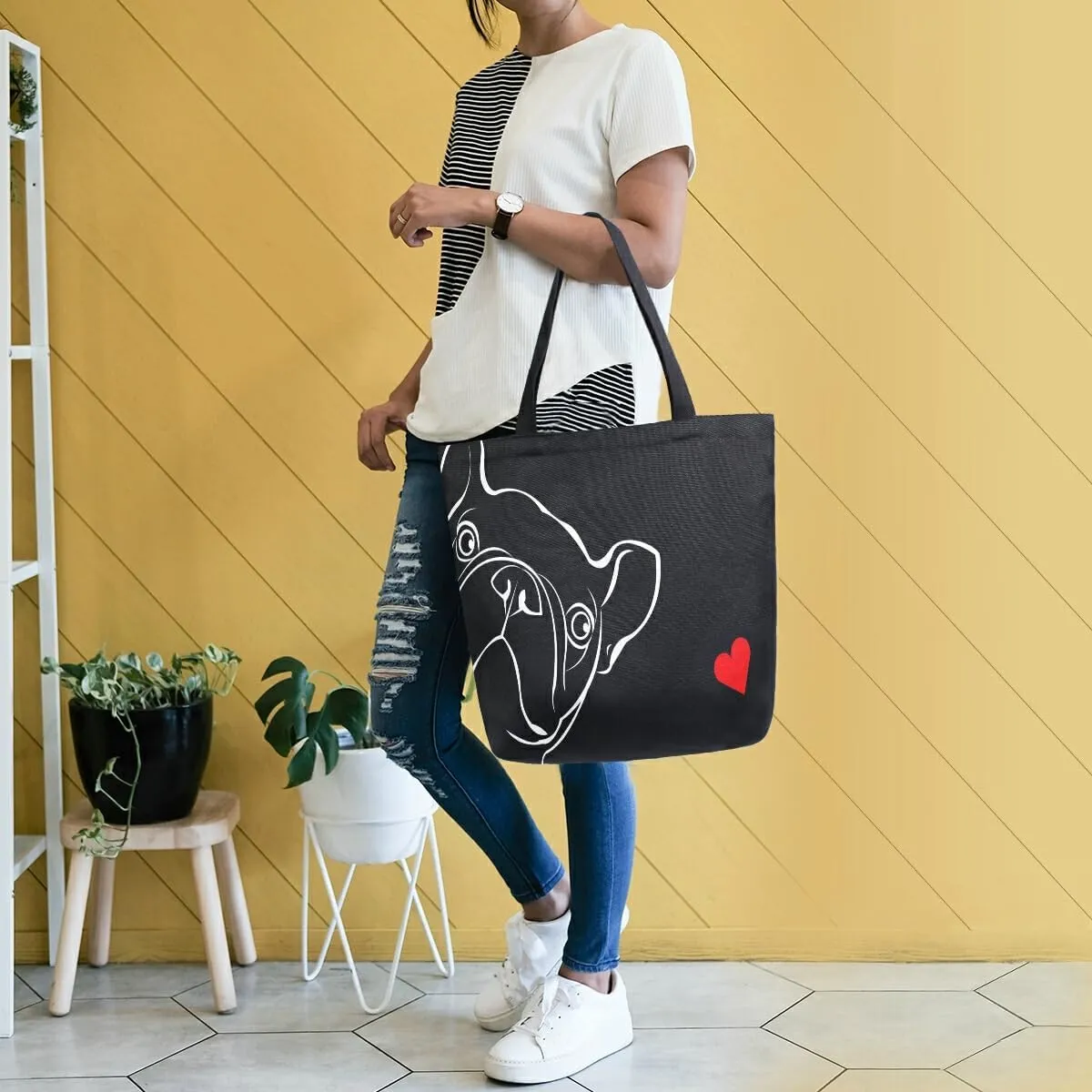 ALAZA Dog Animal Bulldog Heart Grocery Reusable Tote Bag Women Large Casual Handbag Shoulder Bags for Shopping Groceries Travel