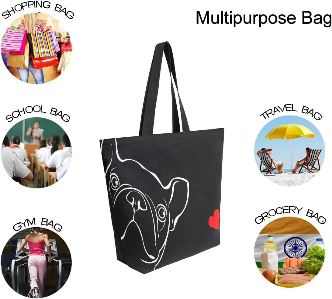 ALAZA Dog Animal Bulldog Heart Grocery Reusable Tote Bag Women Large Casual Handbag Shoulder Bags for Shopping Groceries Travel