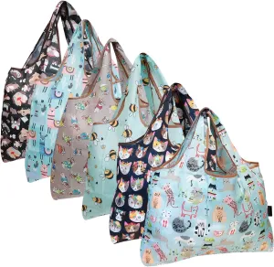 allydrew Large Foldable Tote Nylon Reusable Grocery Bags, 6 Pack
