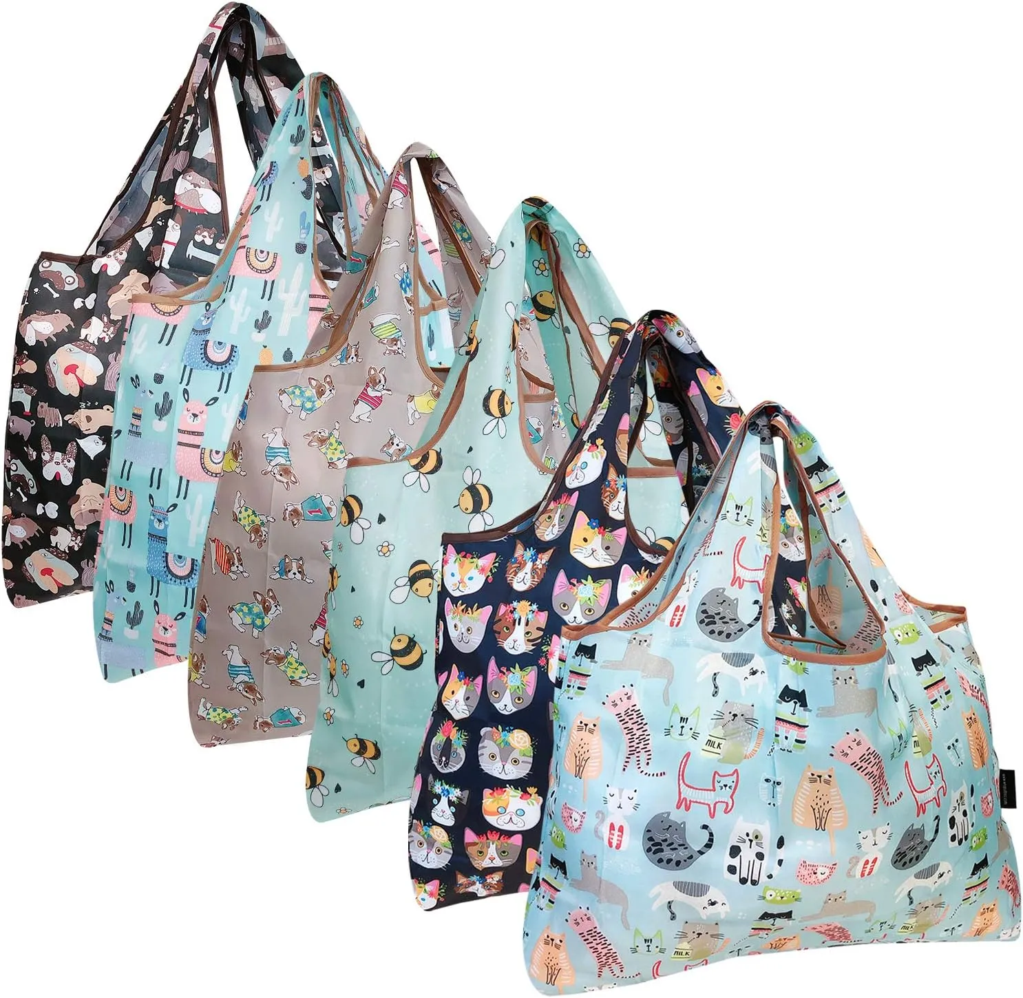 allydrew Large Foldable Tote Nylon Reusable Grocery Bags, 6 Pack