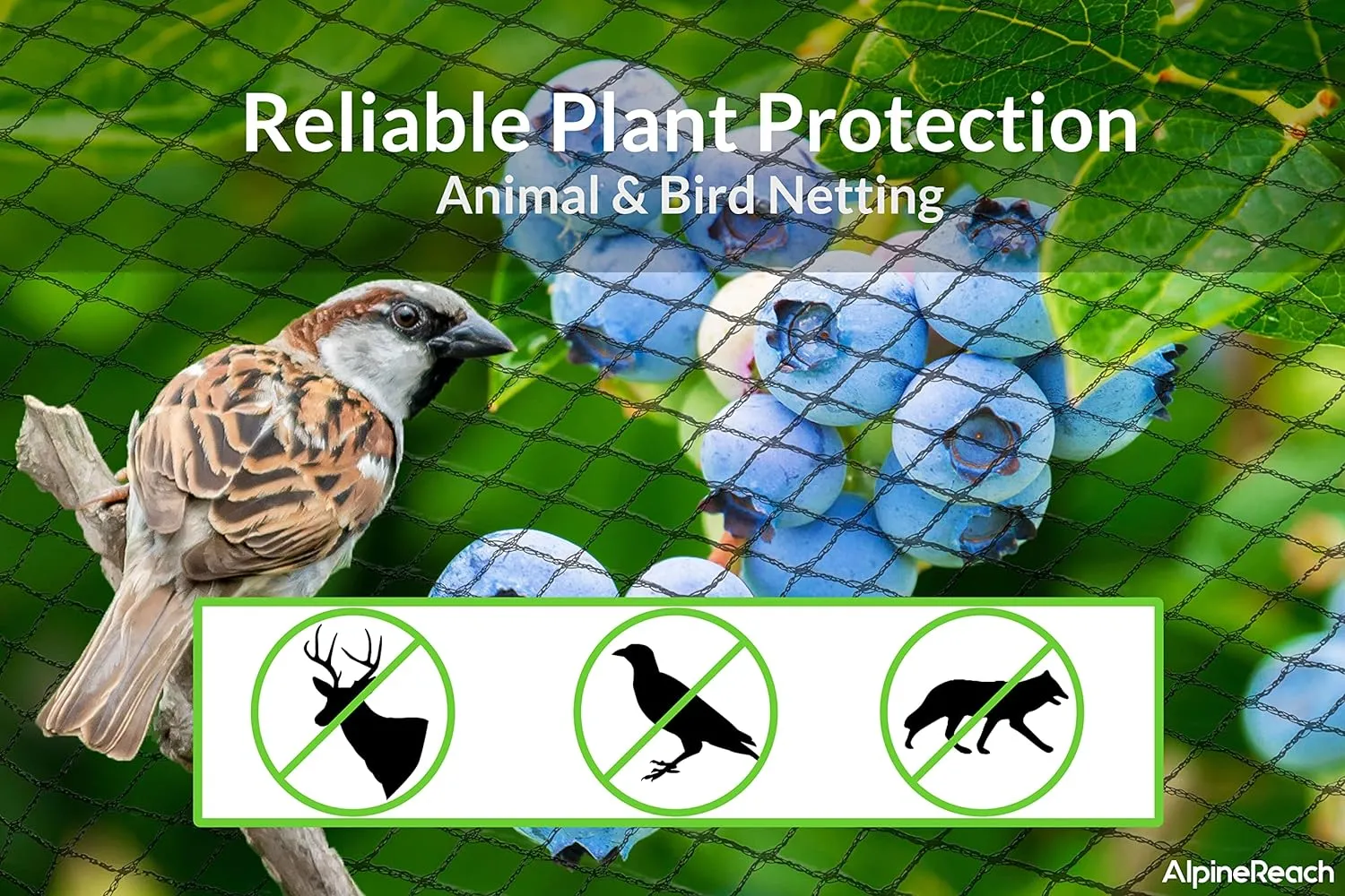 AlpineReach Garden Netting 15 x 50 ft Heavy Duty Bird Net, Deer, Plant Protection Extra Strong Woven Mesh, Reusable Kit with Zip Ties, Animal Fencing for Fruits Trees, Black
