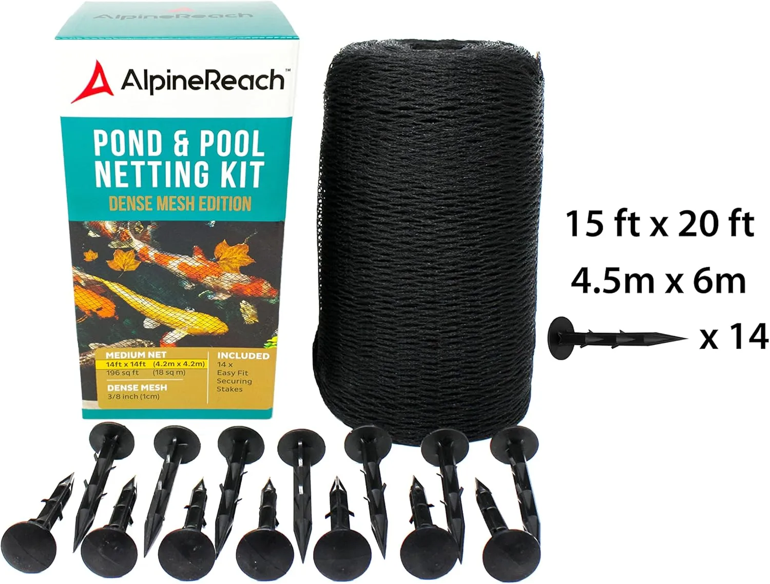AlpineReach Koi Pond Netting Kit 15 x 20 ft Black Heavy Duty Woven Fine Mesh Net Cover for Leaves - Protects Koi Fish from Blue Heron Birds, Cats & Predators – Reusable & Stakes Included
