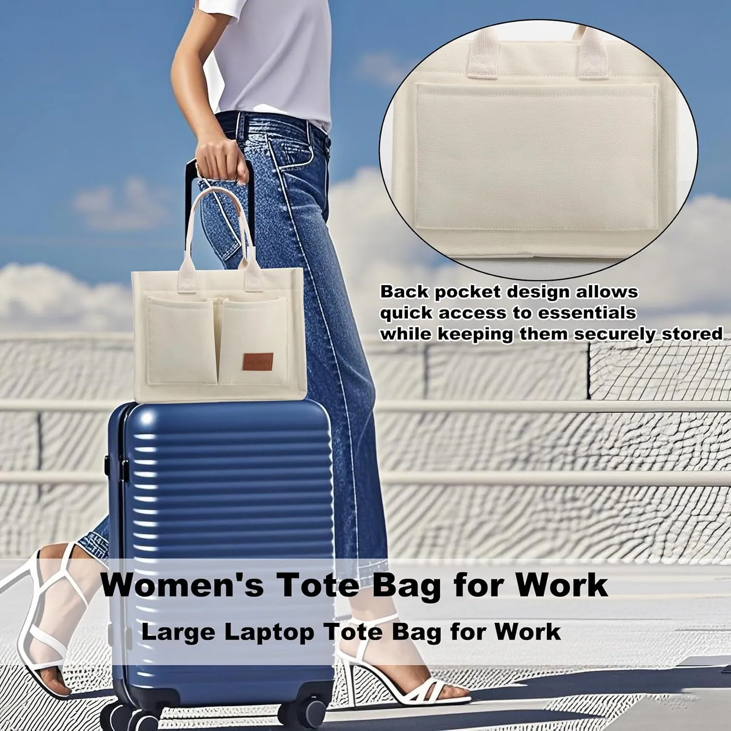 ALUWU Work Tote Bags for Women, Canvas Tote bag Womens Purse Handbags Crossbody Laptop Book Bag for Travel Nurse College Gift
