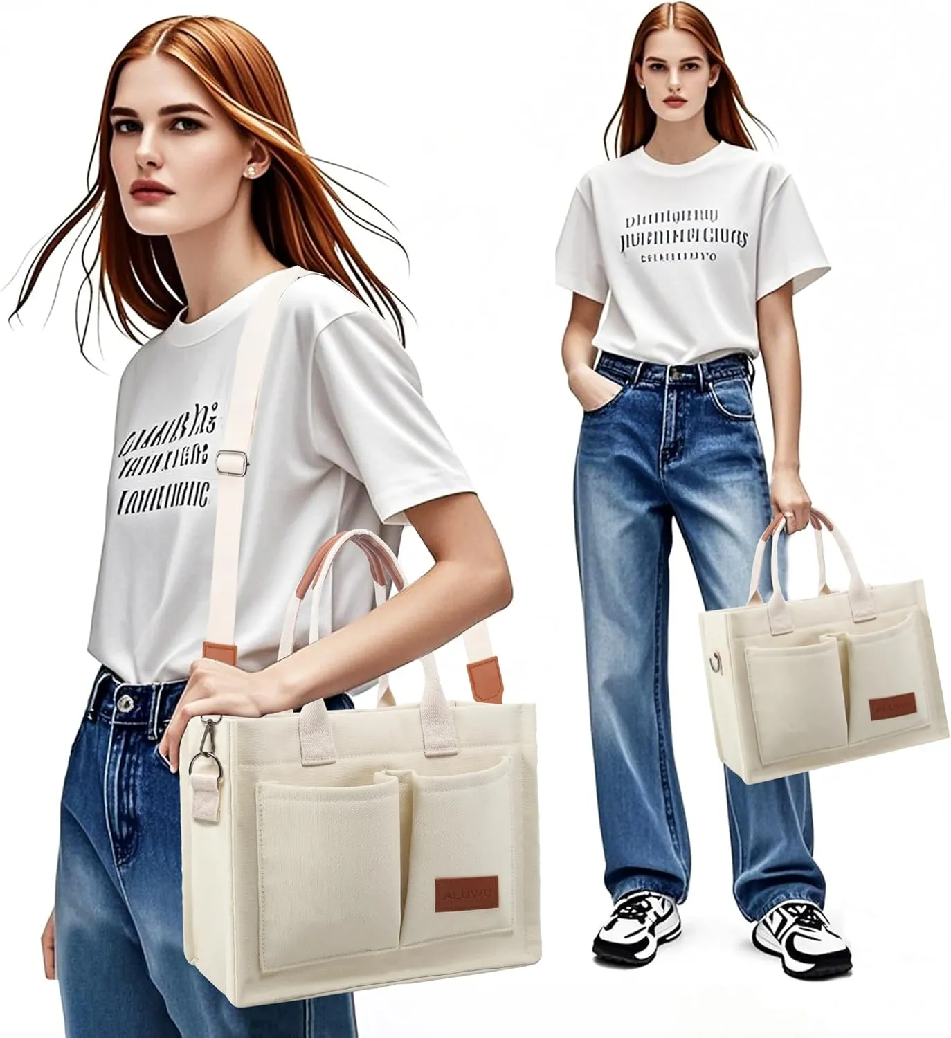 ALUWU Work Tote Bags for Women, Canvas Tote bag Womens Purse Handbags Crossbody Laptop Book Bag for Travel Nurse College Gift
