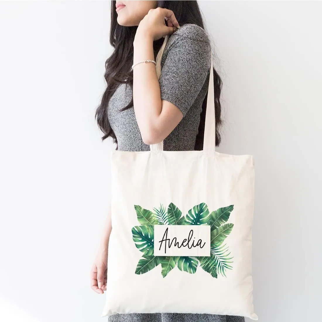 Andaz Press Personalized Canvas Tote Bag for Women, Tropical Leaves Custom Reusable Tote Bag for Wedding Bachelorette Bridesmaids Bridal Party Gifts Girls Trip Gifts Birthday Beach Tote Bag, 1-Pack