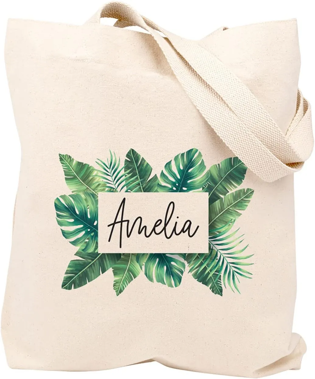 Andaz Press Personalized Canvas Tote Bag for Women, Tropical Leaves Custom Reusable Tote Bag for Wedding Bachelorette Bridesmaids Bridal Party Gifts Girls Trip Gifts Birthday Beach Tote Bag, 1-Pack