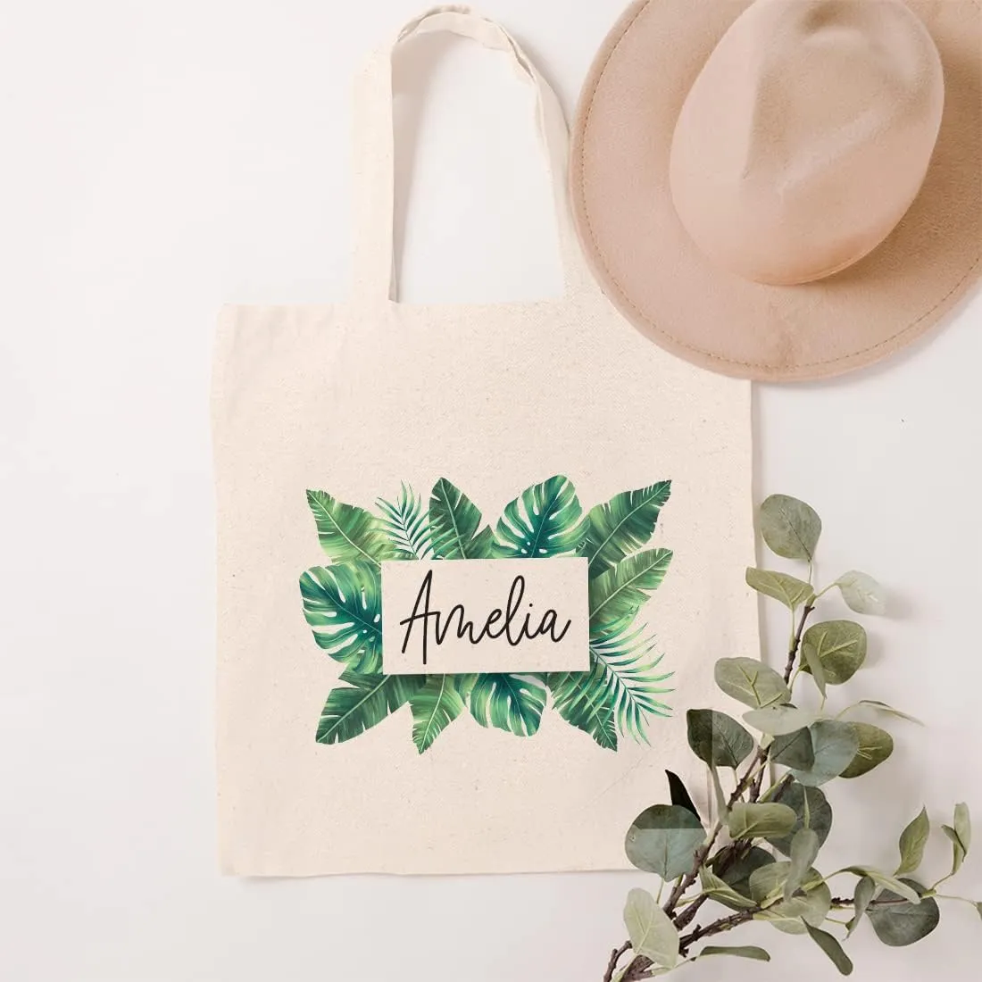 Andaz Press Personalized Canvas Tote Bag for Women, Tropical Leaves Custom Reusable Tote Bag for Wedding Bachelorette Bridesmaids Bridal Party Gifts Girls Trip Gifts Birthday Beach Tote Bag, 1-Pack