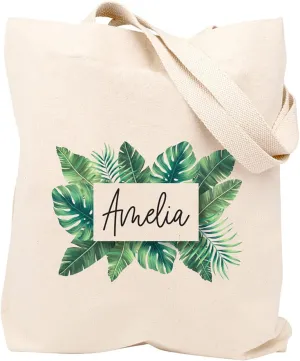 Andaz Press Personalized Canvas Tote Bag for Women, Tropical Leaves Custom Reusable Tote Bag for Wedding Bachelorette Bridesmaids Bridal Party Gifts Girls Trip Gifts Birthday Beach Tote Bag, 1-Pack