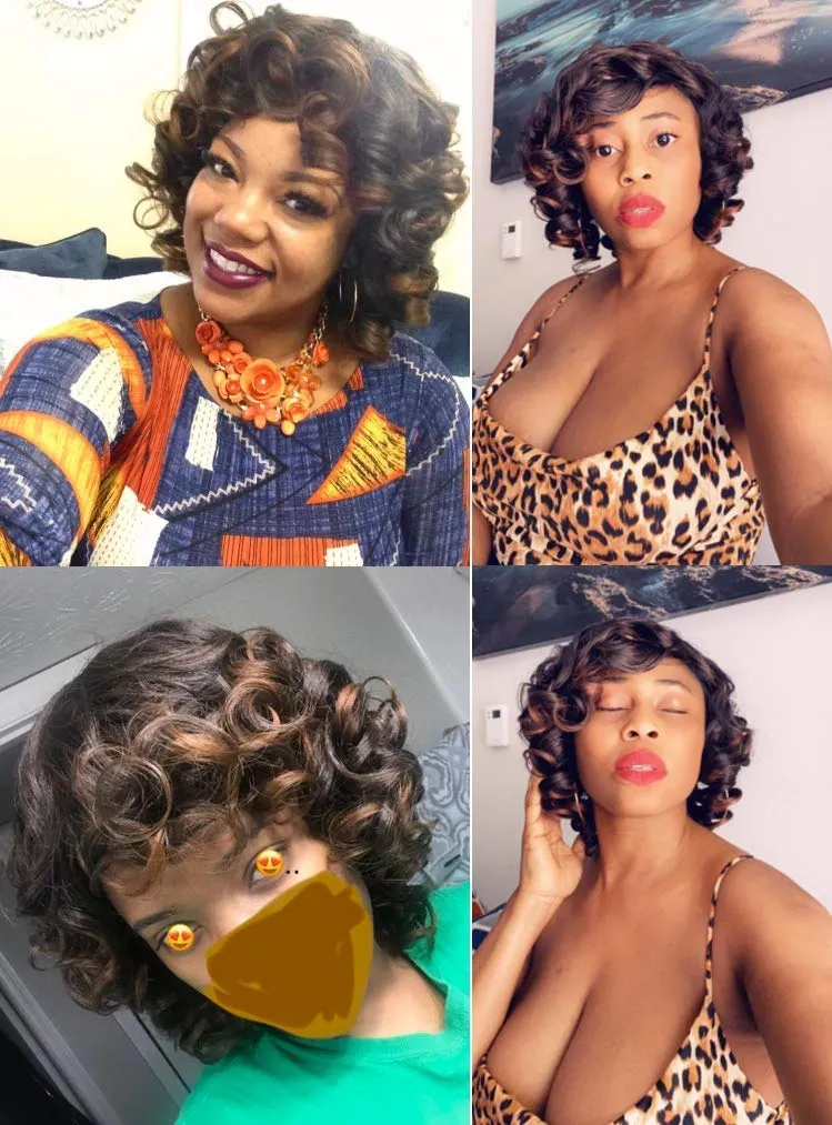 Annivia Short Afro Curly Wigs with Bangs for Women Kinky Curly Hair Wig 2 Tone Ombre Dark Brown Big Bouncy Fluffy Curly Wig