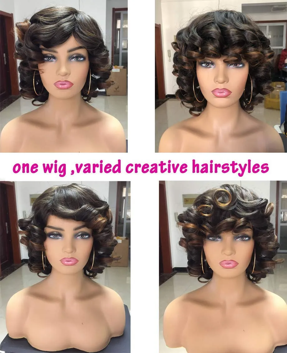 Annivia Short Afro Curly Wigs with Bangs for Women Kinky Curly Hair Wig 2 Tone Ombre Dark Brown Big Bouncy Fluffy Curly Wig