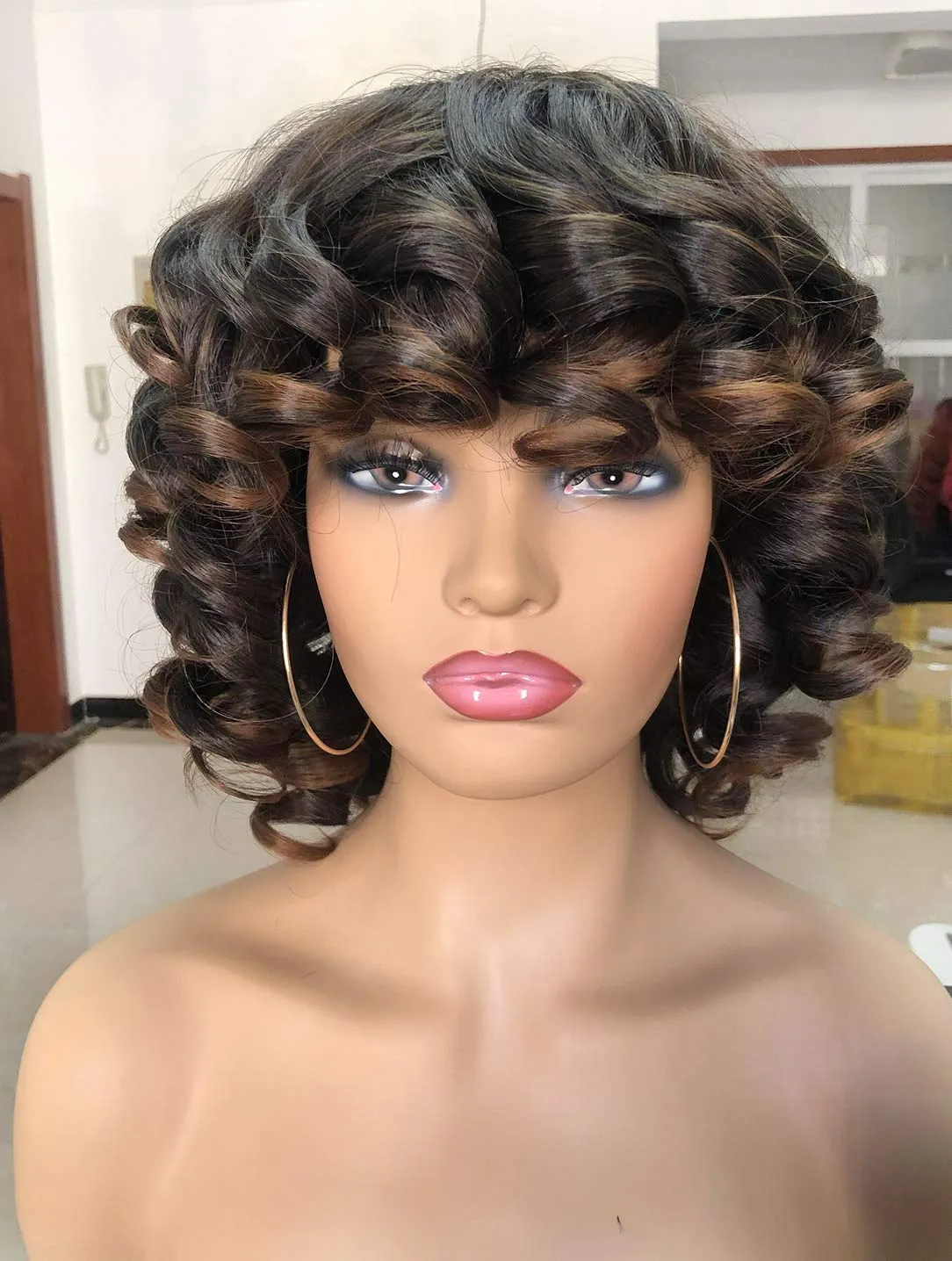 Annivia Short Afro Curly Wigs with Bangs for Women Kinky Curly Hair Wig 2 Tone Ombre Dark Brown Big Bouncy Fluffy Curly Wig