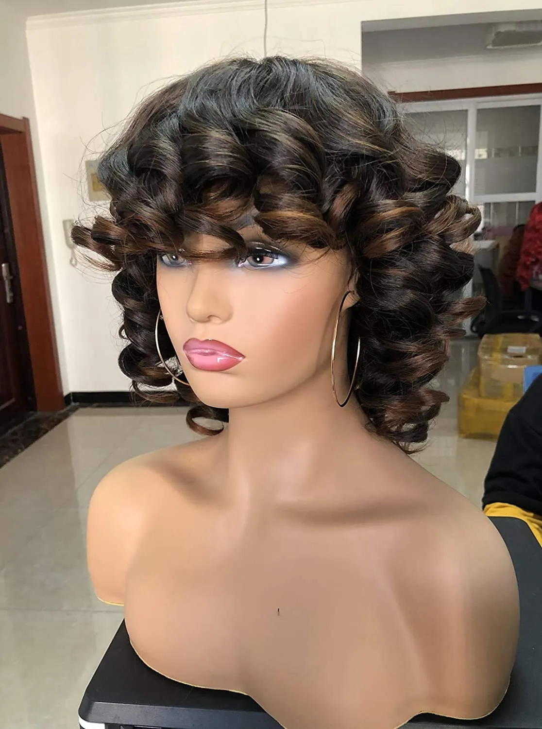 Annivia Short Afro Curly Wigs with Bangs for Women Kinky Curly Hair Wig 2 Tone Ombre Dark Brown Big Bouncy Fluffy Curly Wig
